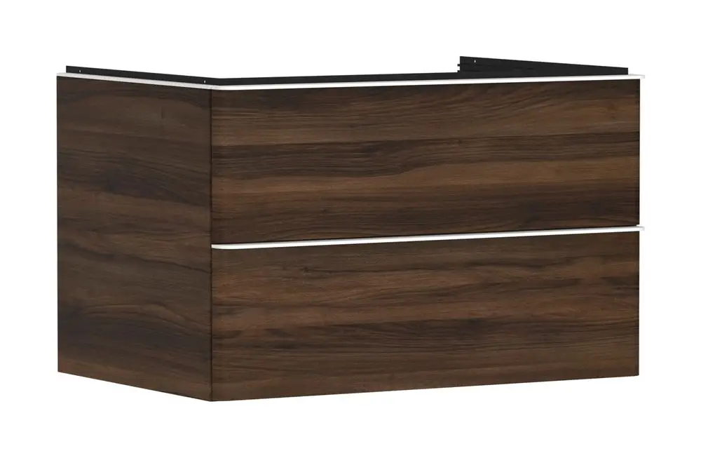 Waschtischunterschrank aus Holzdekor in Nussbaum, zwei Schubkästen, geeignet für Konsolen Aufsatzwaschtisch, Marke Hansgrohe.